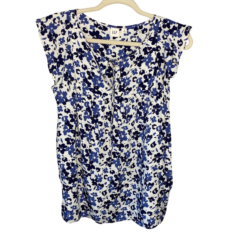 GAP Blue White Floral Cap Sleeve Tie Neck Empire Waist Blouse Top Medium